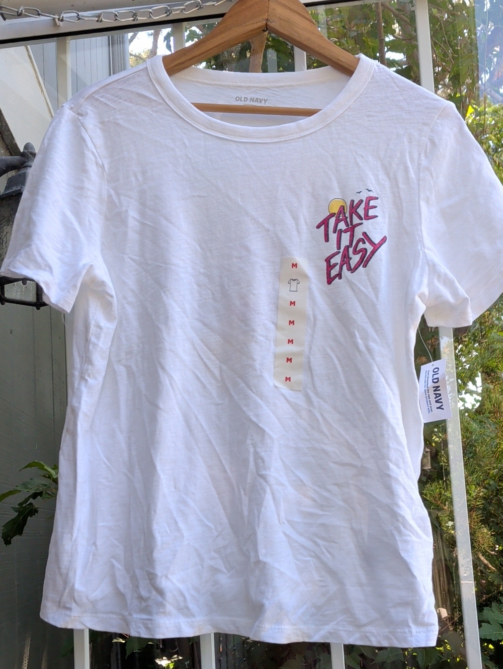 Old Navy White Tee with Pink & Yellow "Take It Easy" Graphic